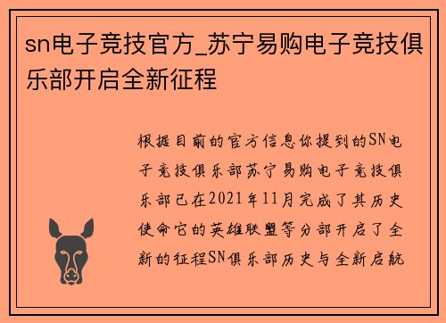 sn电子竞技官方_苏宁易购电子竞技俱乐部开启全新征程