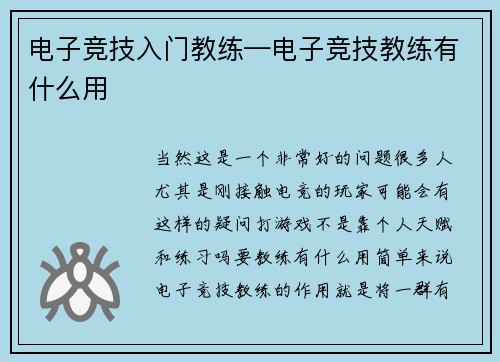 电子竞技入门教练—电子竞技教练有什么用