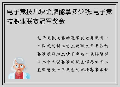 电子竞技几块金牌能拿多少钱;电子竞技职业联赛冠军奖金